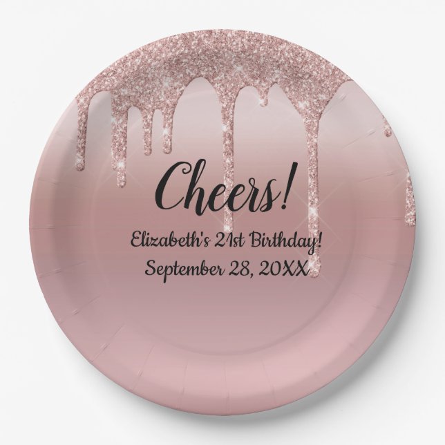 Rose Gold Dripping Glitzer 21. Geburtstag Pappteller (Vorderseite)