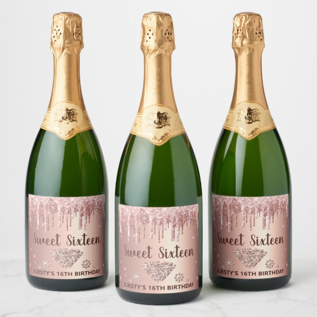 Rose Gold Dripping Glitzer & Diamond Sweet 16 (Flaschen)
