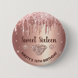 Rose Gold Dripping Glitzer & Diamond Sweet 16 Button