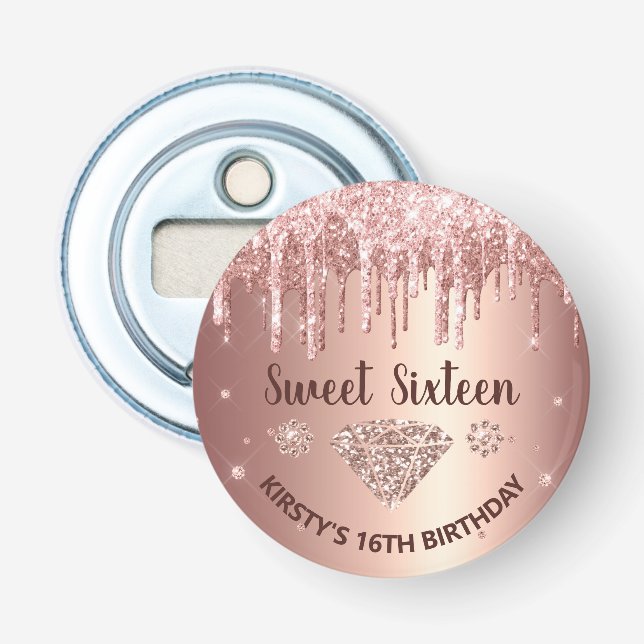 Rose Gold Dripping Glitzer & Diamond Sweet 16   Flaschenöffner (Vorderseite)