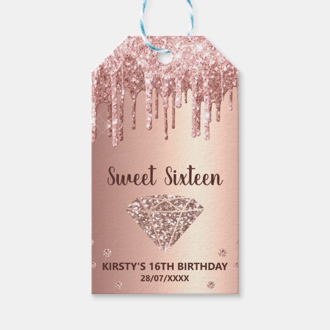 Rose Gold Dripping Glitzer & Diamond Sweet 16 Geschenkanhänger (Vorderseite)