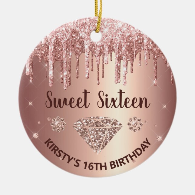 Rose Gold Dripping Glitzer & Diamond Sweet 16 Keramik Ornament (Vorne)