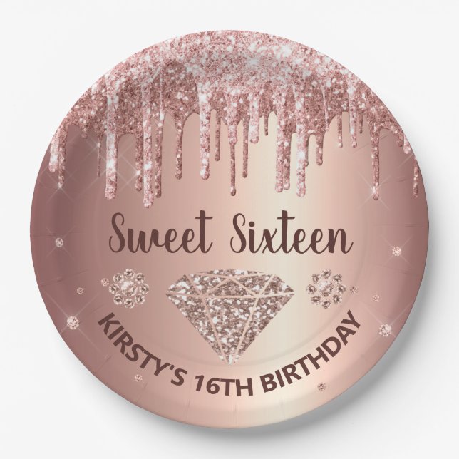 Rose Gold Dripping Glitzer & Diamond Sweet 16 Pappteller (Vorderseite)