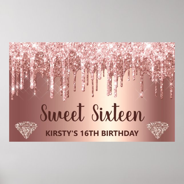 Rose Gold Dripping Glitzer & Diamond Sweet 16 Poster (Vorne)