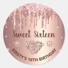 Rose Gold Dripping Glitzer & Diamond Sweet 16 Runder Aufkleber