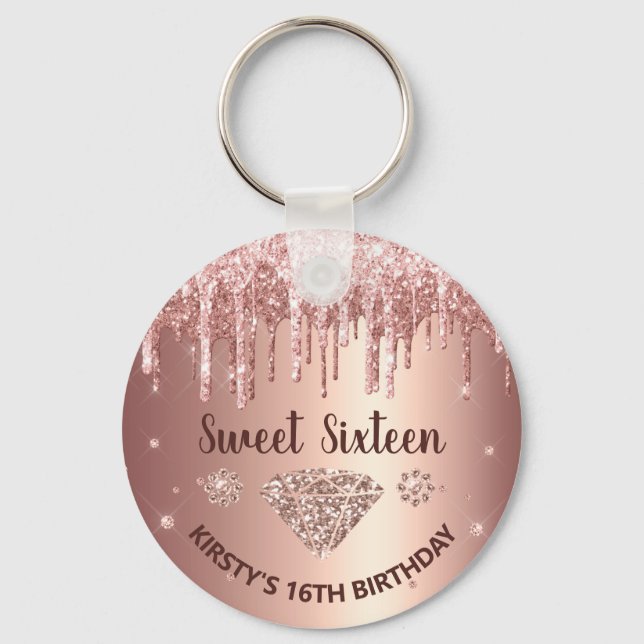 Rose Gold Dripping Glitzer & Diamond Sweet 16 Schlüsselanhänger (Vorderseite)