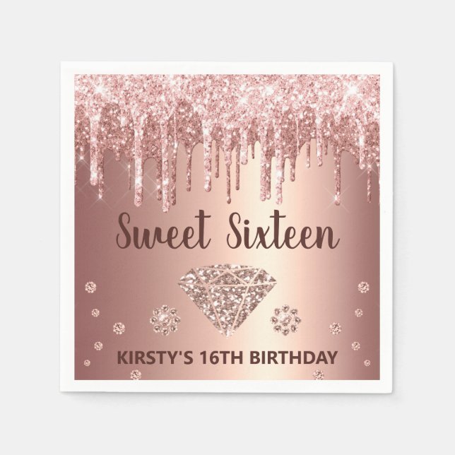 Rose Gold Dripping Glitzer & Diamond Sweet 16 Serviette (Vorderseite)