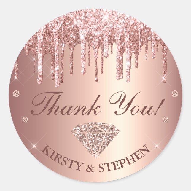 Rose Gold Dripping Glitzer & Diamond Wedding Runder Aufkleber (Vorderseite)