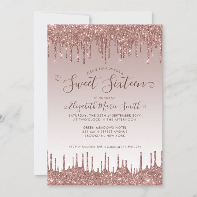 Rose Gold Dripping Glitzer Glam Sweet 16 Birthday Einladung (Vorderseite)