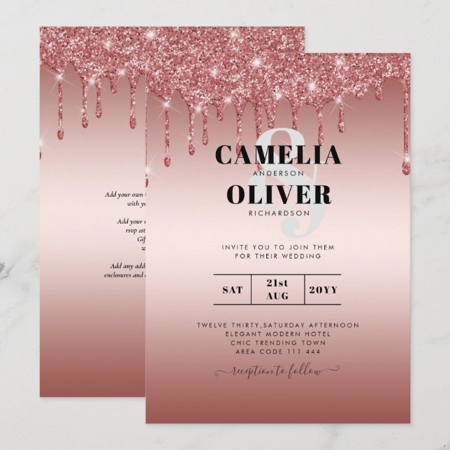 Rose Gold Dripping Glitzer Moderne Hochzeit Einlad Einladung (Vorne/Hinten)