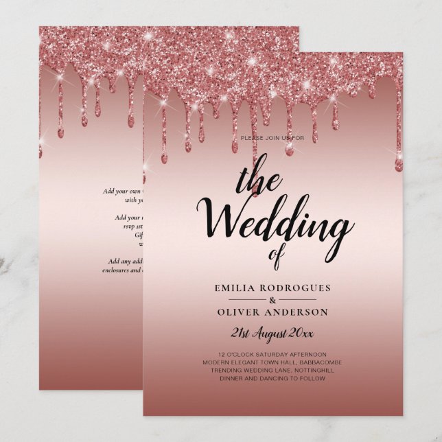 Rose Gold Dripping Glitzer Moderne Hochzeit Einlad Einladung (Vorne/Hinten)