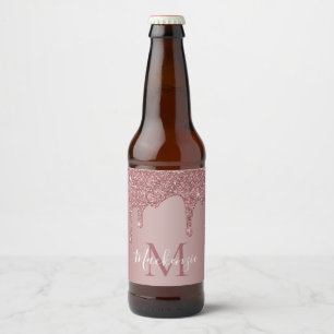 Rose Gold Dripping Glitzer Monogram Bierflaschenetikett