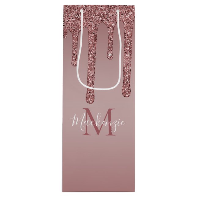 Rose Gold Dripping Glitzer Monogram Geschenktüte Für Weinflaschen (Vorderseite)
