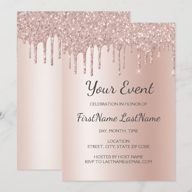 Rose Gold Dripping Glitzer Sweet 16 Brautparty Einladung (Vorne/Hinten)