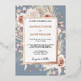 Rose Gold Dusty Blue Floral Boho Wedding Folieneinladung