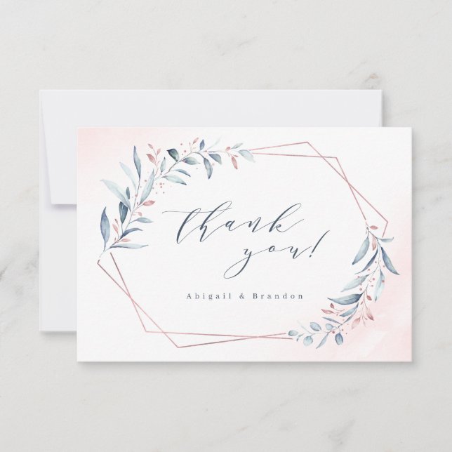 Rose Gold Dusty Blue Greenery Geometric Wedding Dankeskarte (Vorderseite)