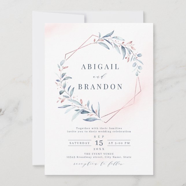 Rose Gold Dusty Blue Greenery Geometric Wedding Einladung (Vorderseite)