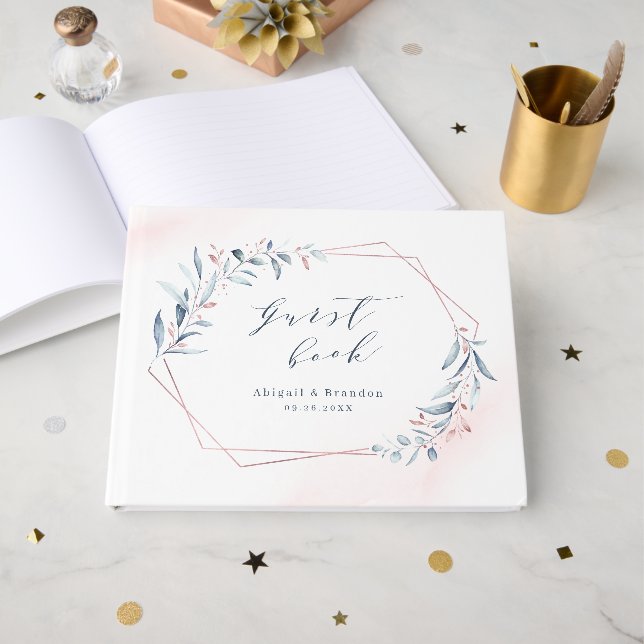 Rose Gold Dusty Blue Greenery Geometric Wedding Gästebuch (Vorderseite Offen)
