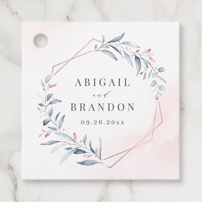 Rose Gold Dusty Blue Greenery Geometric Wedding Geschenkanhänger (Vorderseite)