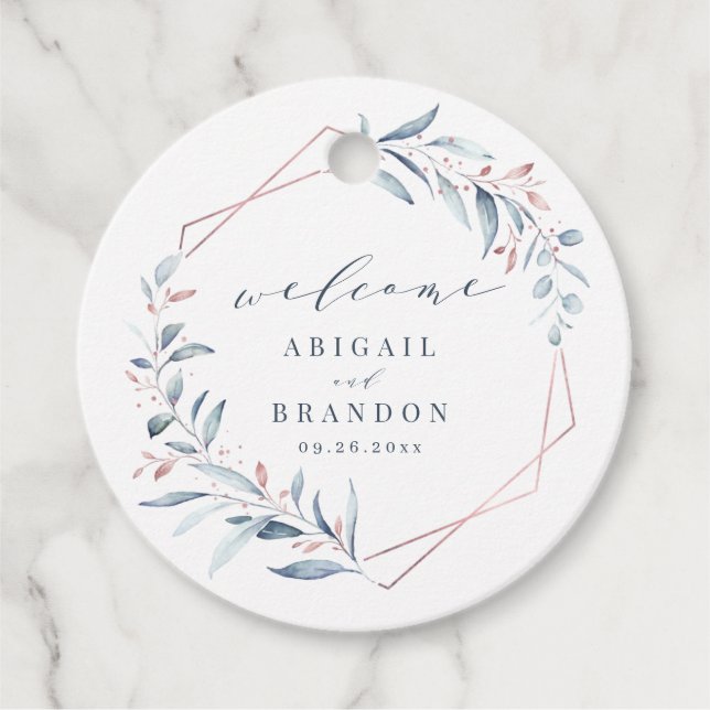 Rose Gold Dusty Blue Greenery Geometric Wedding Geschenkanhänger (Vorderseite)