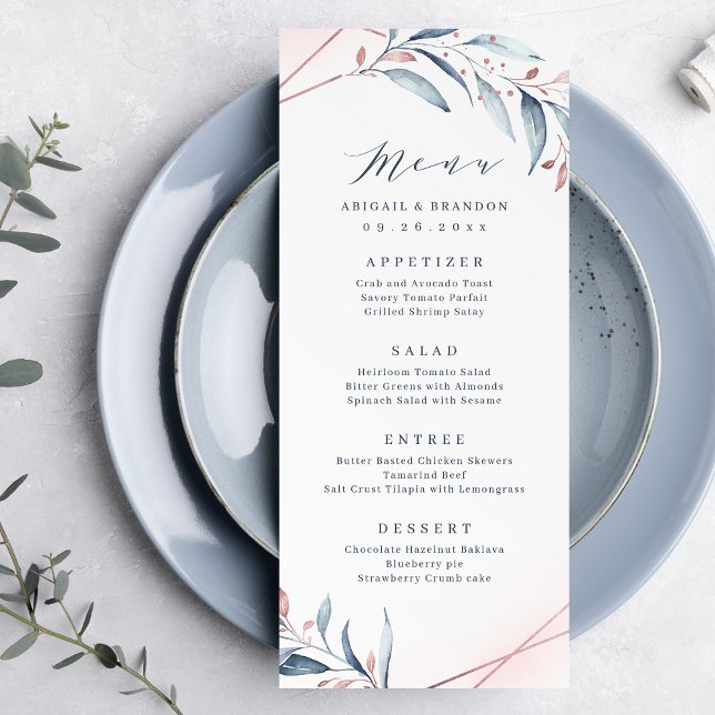 Rose Gold Dusty Blue Greenery Geometric Wedding Menükarte (Rose Gold Dusty Blue Greenery Geometric Wedding Menu)