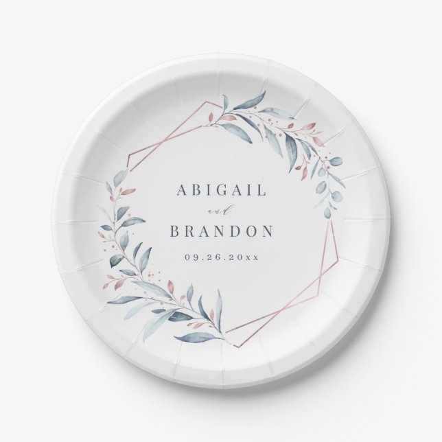 Rose Gold Dusty Blue Greenery Geometric Wedding Pappteller (Vorderseite)