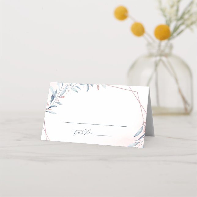 Rose Gold Dusty Blue Greenery Geometric Wedding Platzkarte (Vorderseite)