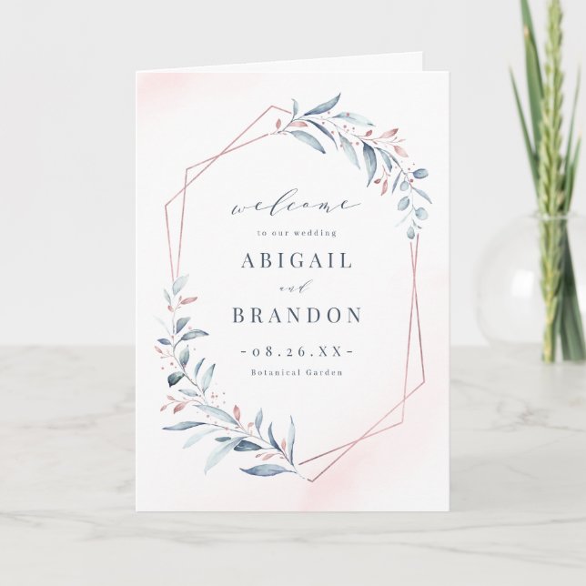 Rose Gold Dusty Blue Greenery Geometric Wedding Programm (Vorderseite)