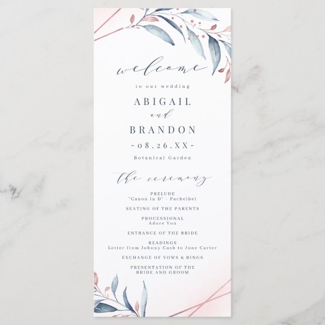 Rose Gold Dusty Blue Greenery Geometric Wedding Programm (Vorderseite)