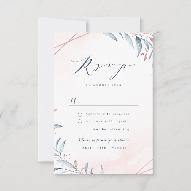 Rose Gold Dusty Blue Greenery Geometric Wedding RSVP Karte (Vorderseite)