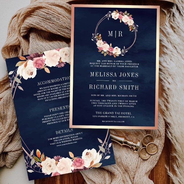 Rose Gold Dusty Pink Blauen Blauen Hochzeit Einladung (Von Creator hochgeladen)