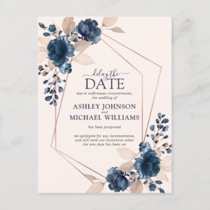 Rose Gold Dusty Pink Navy Blumenmuster Datum-Versc Ankündigungspostkarte