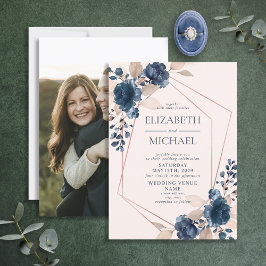 Rose Gold Dusty Pink Navy Floral Geometric Foto Einladung
