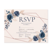 Rose Gold Dusty Pink Navy Floral Wedding RSVP