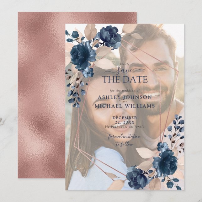 Rose Gold Dusty Pink Navy Foto Save the Date (Vorne/Hinten)