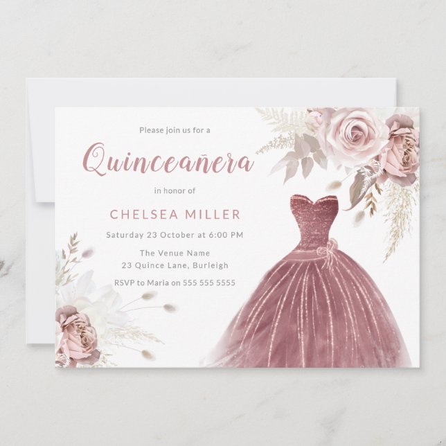 Rose Gold, Dusty Rose & Blush Quinceanera Einladung (Vorderseite)