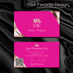 Rose Gold Ecken Hot Pink mit Monogramm QR-Code Visitenkarte