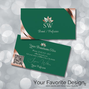 Rose Gold Ecken Meergrün Monogramm und QR-Code Visitenkarte