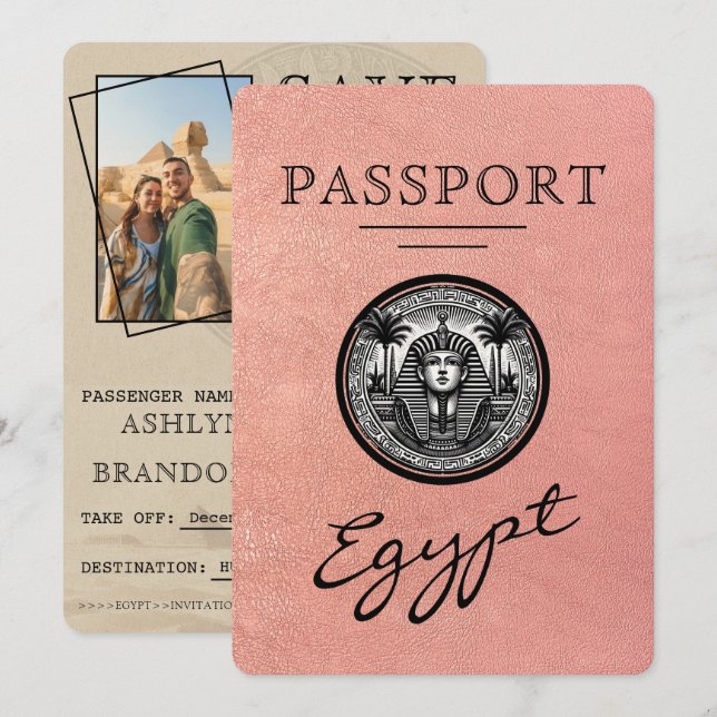 Rose Gold Egypt Passport Wedding Save the Date (Vorne/Hinten)