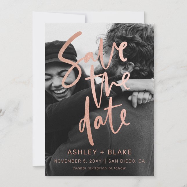Rose Gold Einfach handgeschriebenes Kalligrafie-Fo Save The Date (Vorderseite)