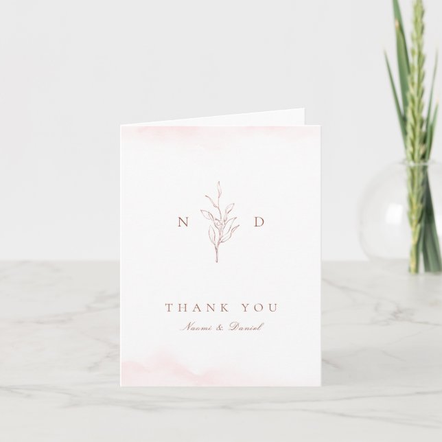 Rose Gold einfache botanische Blätter Monogramm Ho Dankeskarte (Vorderseite)