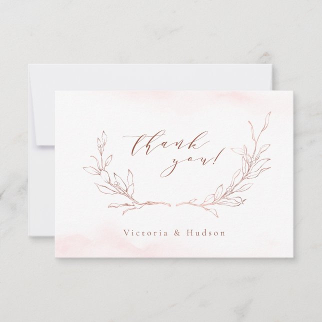 Rose Gold, einfache botanische Kranzhochzeit Dankeskarte (Vorderseite)