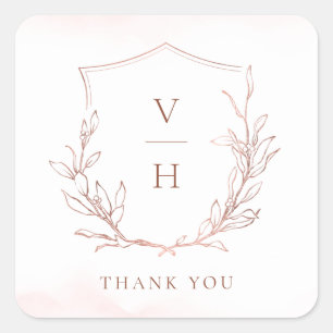 Rose Gold einfache botanische Wappen Monogramm Hoc Quadratischer Aufkleber