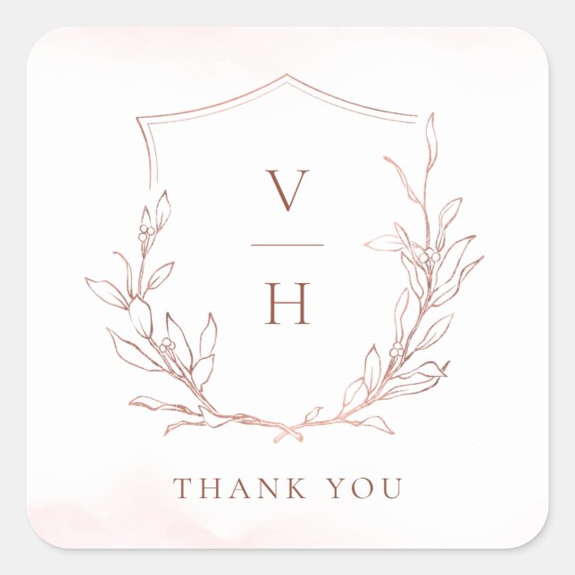 Rose Gold einfache botanische Wappen Monogramm Hoc Quadratischer Aufkleber (Vorderseite)