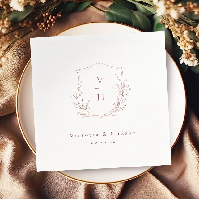 Rose Gold einfache botanische Wappen Monogramm Hoc Serviette (Rose gold simple botanical crest monogram wedding napkins)