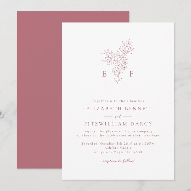 Rose Gold Einfache Kirsche Blütenblüten Monogramm Einladung (Vorne/Hinten)