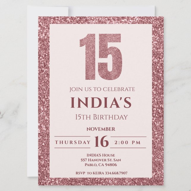 Rose Gold Einladung zum 15. Geburtstag (Vorderseite)