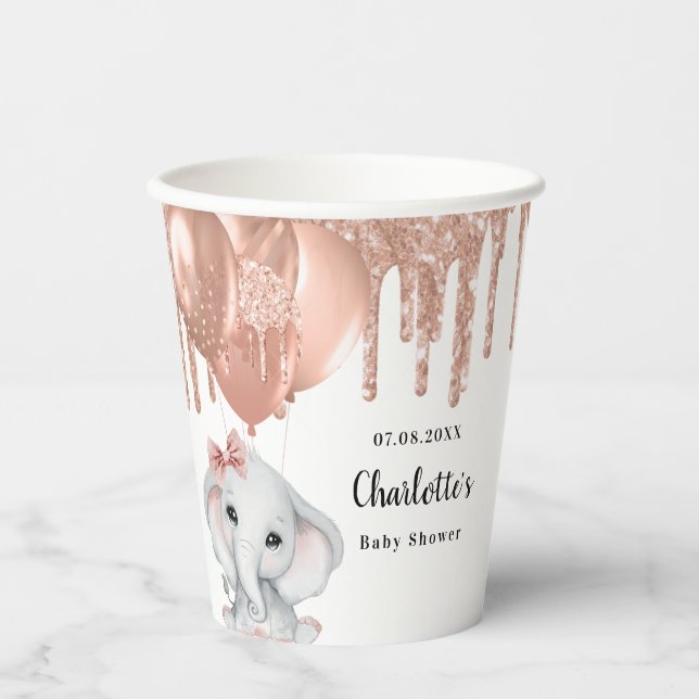 Rose Gold Elefantenballons Baby Dusche Pappbecher (Vorderseite)