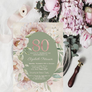 Rose Gold Elegante Blumen Grüne 80. Geburtstag Einladung