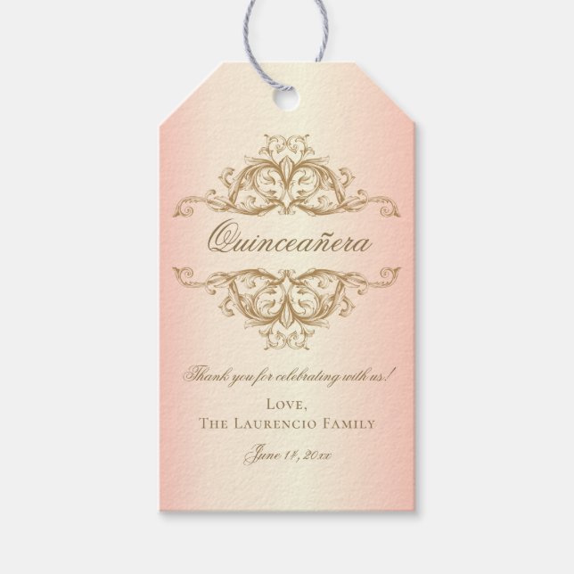 Rose Gold Elegante Damask Quinceanera Gastgeschenk Geschenkanhänger (Vorderseite)